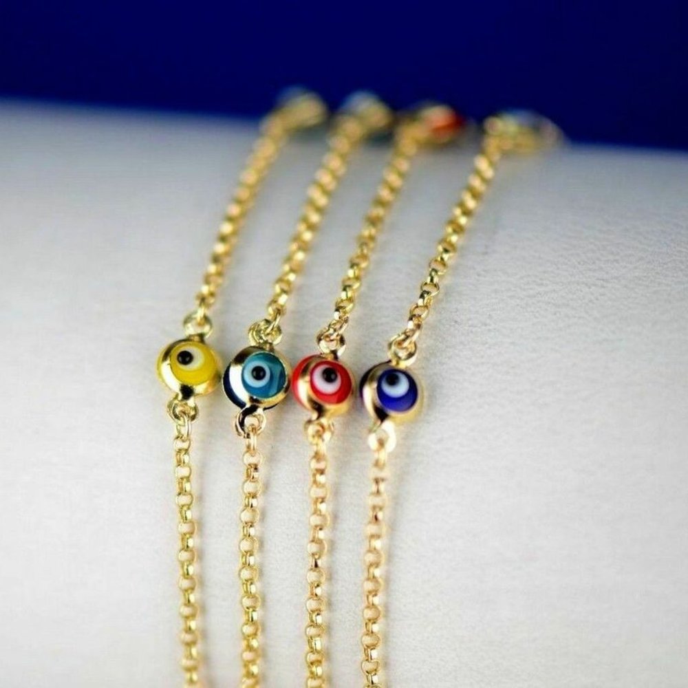 Solid 14k Yellow Gold Evil Eye Bracelet - image 2